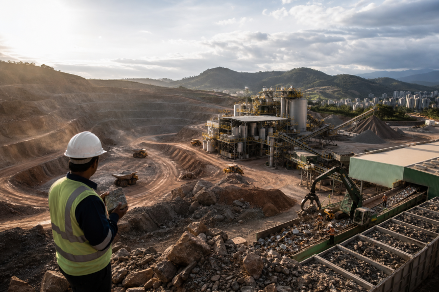Área de mineração e equipamentos industriais associados à nova política brasileira para minerais críticos e estratégicos.