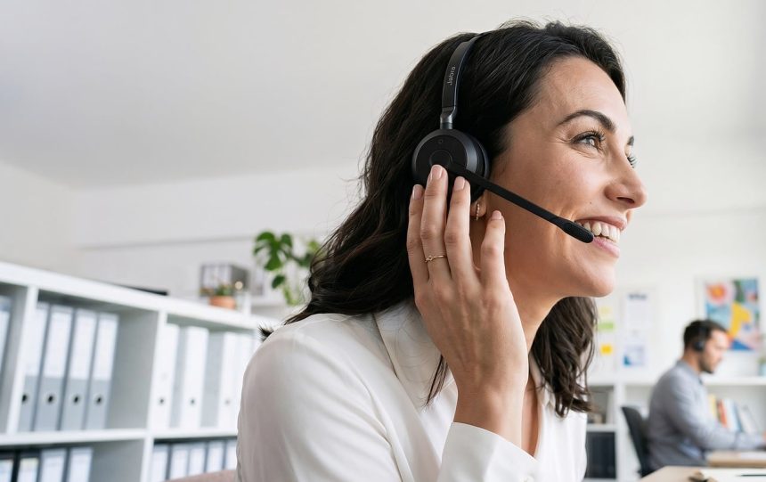 Mulher usando headset em um escritório durante atendimento ao cliente por telefone.
